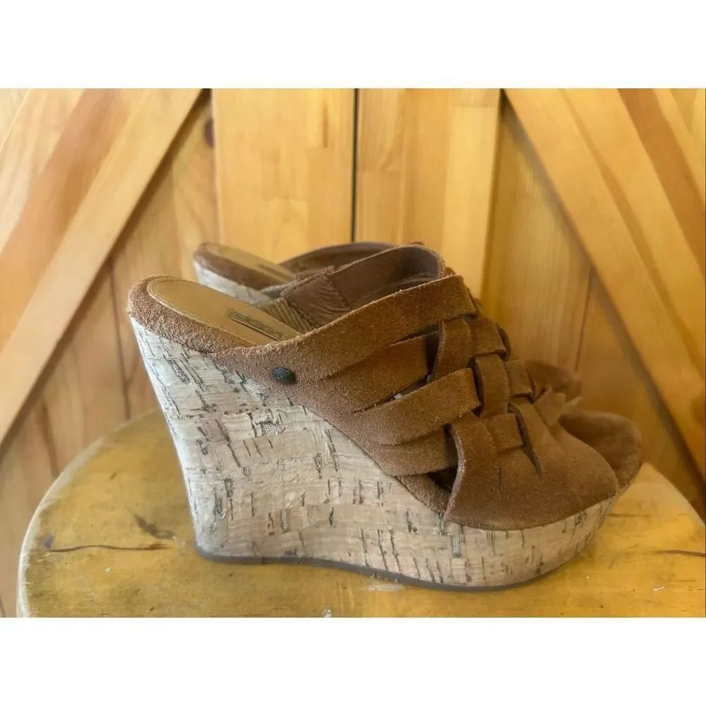 UGG Marta chestnut cork, slip on wedges, size 6 soft suede with woven straps